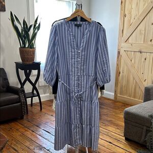2X Plus size Fred David Blue and White Striped Midi Dress button down 3/4